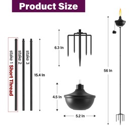 ZSPENG Home Garden Torch Set of 6, Outdoor Metal Torches with 5-Prong Grounded Stake, 56-Inch Adjustable Citronella Torches,23.5 oz Metal Light Torches for Patio, Pathway, Party (Ultra-Stable Design)