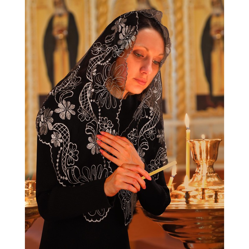 Bozidol Mantilla Triangular Embroidered Virgin Mary Sunflower Veil - Black