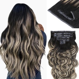 IDN BEAUTY Seamless Clip In Hair Extensions Human Hair, 110g 18 Inch, 1B/19/1B Natural Black to Light Blonde Remy Hair Body Wave Seamless Clip Ins For Black Women PU Weft Invisible Edge 7pcs