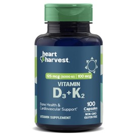 Heart & Harvest 125mcg 5000IU 100mcg Vitamin D3 + K2 capsules, 1 unit, 100 tablets / Heart & Harvest 125mcg 5000IU 100mcg 비타민 D3 + K2 캡슐, 1개, 100정