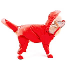 PAIDEFUL Small Dog Full Body Coverage Raincoat Solid Four-Leg Onesie Rain Jacket Waterproof Hoodie Puppy Clothes Button Lightweight Cats Costume, Red, L