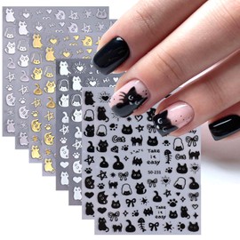 Cat Nail Stickers for Nail Art - 8Sheets Cute Nail Decals Cartoon Nail Art Supplies 3D Self Adhesive Gold Silver Black White with Cat Design Sticker for Women Girls Kids DIY Nail Art Decoration