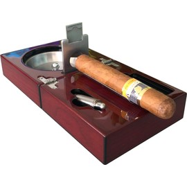 H&H The Compact Cigar Ashtray with Cigar Cutter and Punch - Cherry - (4.75 x 4.75 x 2.8)