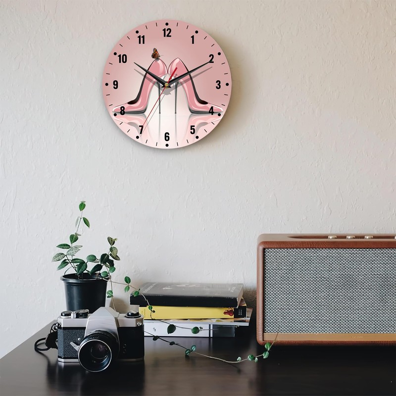 SPUNKER Clock for Bedroom,Pink High Heel Shoes Wall Clocks,Butterfly Battery