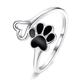 OutstandLong Women Dog Cat Paw Print Ring 925 Sterling Silver Love Heart Open Adjustable Ring for Mom Sister Puppy Pet Lovers Birthday