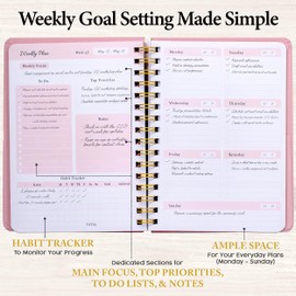 Only Zest Undated Weekly Planner—Weekly Goal Planner with Notes, To-do List, Habit Tracker | A5 Spiral Daily and Monthly Organizer Notebook for Work and Productive Planning, Pink