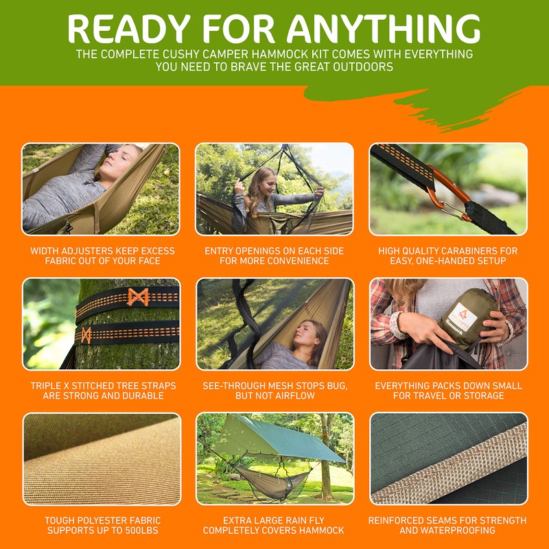 Cushy Camper Premium Hammock with Rain Fly, Bug Net, Tree