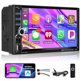 [Upgrade] Podofo Wireless Carplay Car Stereo,7 Inch Double Din Touchscreen Car Radio with Bluetooth5.1,Android Auto,Voice Control,MirrorLink,FM Radio,GPS,WiFi,USB/TF/AUX Port+MIC