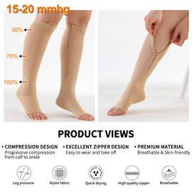 BOCOSO 2 Pairs Medical Zipper Compression Socks 15-20mmHg Open Toe for Women&Men, Knee High Compression Stockings