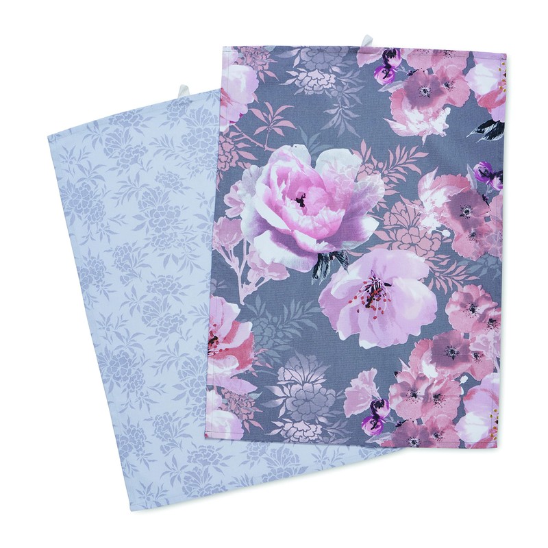Catherine Lansfield Dramatic Floral Two Pack Tea Towels Grey