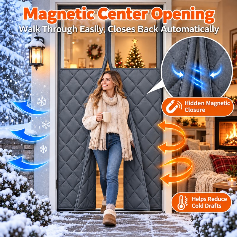 Magnetic Thermal Insulated Door Curtain, Quilted Oxford Fabric Winter Door