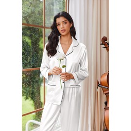 Ekouaer Womens Pajama Sets Satin Silk Pjs Classic Button Down Sleepwear Soft Long Sleeve Lounge Sets White M