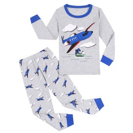 Gumyoss Boys' Pyjamas Children's Pyjamas Dinosaur Digger Long Sleeve Cotton Winter Sleepwear 98 104 110 116 122 128 134, Grey/Aeroplane