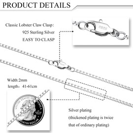 HAIAISO 925 Sterling Silver Lobster Clasp Box Chain Necklace 2mm Necklace for Women Mens Chain White Gold Plated Necklace Chain Diamond Cut 16 Inch