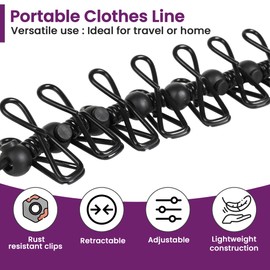ASAB Portable Washing Line Travel Clothes Line with 12 Wire Clips Elastic Retractable Travel Washing Line Adjustable Windproof Rope Camping Travel Washing Line for Hotel Balcony Laundry Drying Outdoor