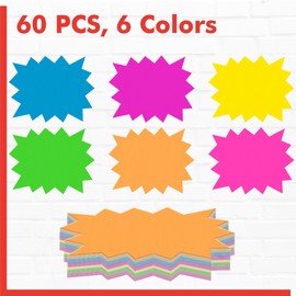 60 PCS Fluorescent Neon Signs, 6 Colors Starburst Signs for Retail Garage Sale Pricing Sign Yard Sale Supplies Price Tags Signs Poster Board Decorations (5” x 6.5”)