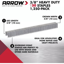 Arrow 506 T50 Heavy Duty Staples, 3/8-Inch Leg Length, 3/8-Inch Crown Width Staples for Upholstery, Construction, Furniture, Crafts, 1250-Pack