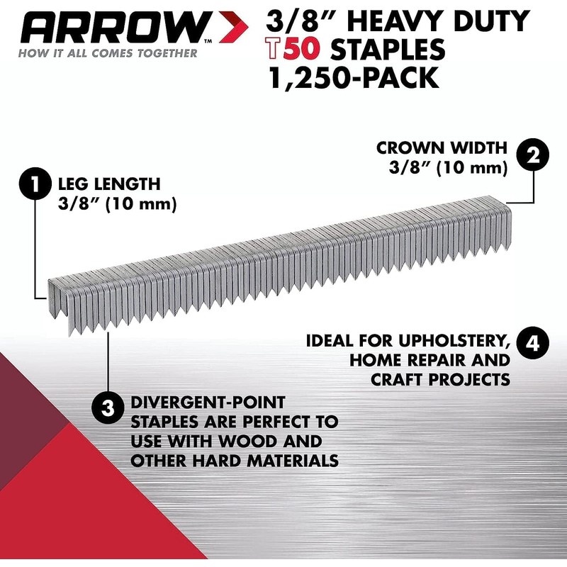 Arrow 506 T50 Heavy Duty Staples, 3/8-Inch Leg Length, 3/8-Inch