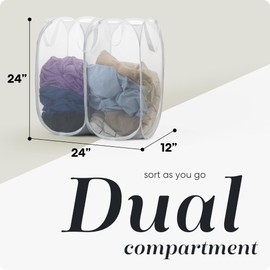 Handy Laundry Mesh Popup Hamper - Two Compartments, Collapsible for Storage and Easy to Open. Folding Pop-Up Clothes are Great for The Kids Room, College Dorm or Travel. (White)
