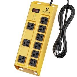 Heavy Duty Metal Power Strip, 20 AMP Surge Protector with 9 Outlets, 12 Gauge Industrial Strength for Shop & Garage Use, 6 FT Extension Cord Included, Durable T-Slot Design-Yellow