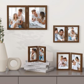 Axeman 4x6 Double Picture Frame - Solid Oak Wood Vertical Hinged 4x6 Photo Frame 2 Opening Folding Family Frames Collage With Real Glass for Tabletop Display, Extra Hanging Hardware Included | Walnut