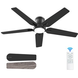 52 Inch Black Ceiling Fans With Lights and Remote, Flush Mount Low Profile Ceiling Fan, Dimmable 6 Speeds Noiseless Reversible Modern Ceiling Fan for Bedroom, Living Room, Patio (Black, 52 inch)