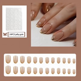 French False Nails,Nude Coffin False Nails, 24PCS Square French Press on Nails with Jelly Glue,Acrylic Full Cover Nails Women Girls Nail Art Accessories (Nude, Gold, One Size)