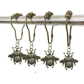 Decorative Bee Shower Curtain Hooks for Bathroom, Rust Resistant Metal Bronze Shower Curtain Rings Set of 12 with Zinc Alloy Insect Bees Floral Park Theme Bathroom Decoration (Bronze)
