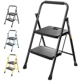 TICONN 2 Step Ladder, Heavy Duty Foldable Step Stool, Portable Steel Folding Stool for Household Garage Storage (Yellow)