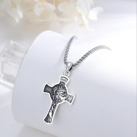 OHAYOO Jesus Necklace Sterling Silver Oxidized Jesus Cross Pendant Necklace Jesus Praying Hands Pendant Religious Jesus Jewelry for Men Women