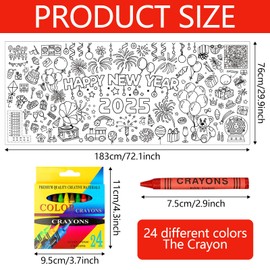 New Year's Eve Decoration Colouring Tablecloth Children - Happy New Year 2025 New Year's Eve Tablecloth, 183 x 76 cm, Waterproof Tablecloth for Colouring Children with 24 Colouring Pencils for New