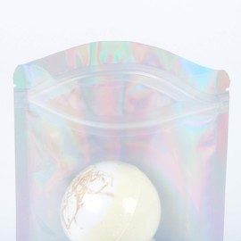 QQ Studio 100 Windowed Silver Holographic Stand Up Packaging Bags with QuickQlick™ Seal for Cosmetics and Makeup (14x20cm (5.5x7.9"), Clear & Silver Holographic)