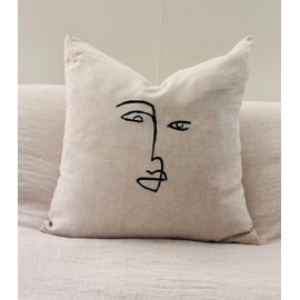HOUSE OF MALIBU 100% Organic Linen Throw Pillow Case Cover - Hand Painted Abstract Face Painted Art - Non Toxic Black Paint - Pre Washed - Decorative Natural Interior Lounge Home Decor 24" x 24"