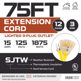 IRON FORGE CABLE 75 Foot Lighted Outdoor Extension Cord with 3 Electrical Power Outlets - 12/3 SJTW Heavy Duty Yellow Extension Cable with 3 Prong Grounded Plug for Safety, 15 AMP