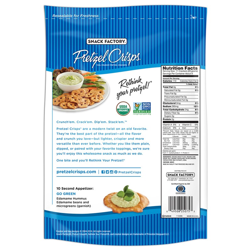Snack Factory Organic Pretzel Crisps, Original, 9.35 Ounce
