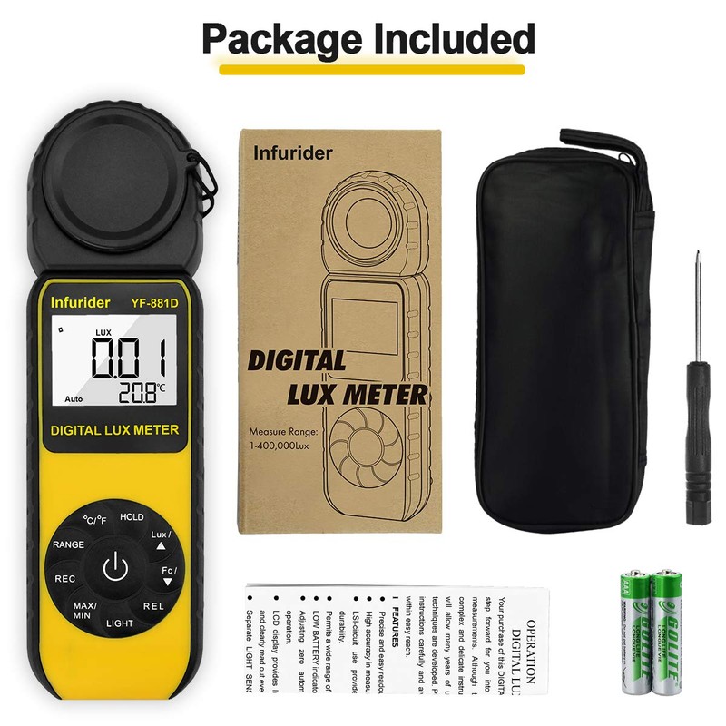 INFURIDER Digital Luxmeter Light Meter YF-881D Illuminometer 0.1-400,000 Lux Light