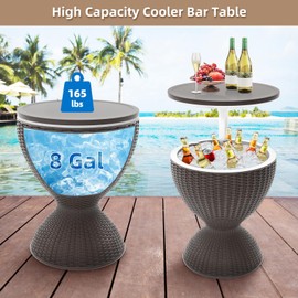 Patio Bar Cooler Table - 3-in-1 Grey Rattan Style Portable Outdoor Cooler with 8 Gallon Ice Capacity, Lift Top Lid & Drainage Plug – Perfect for Party Essentials