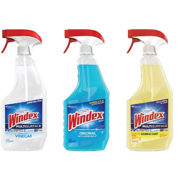 Windex Glass & Multi Surface Cleaning Bundle - Three 23oz Sprays Bottles (Ammonia D, Vinegar & Yellow Disinfectant)