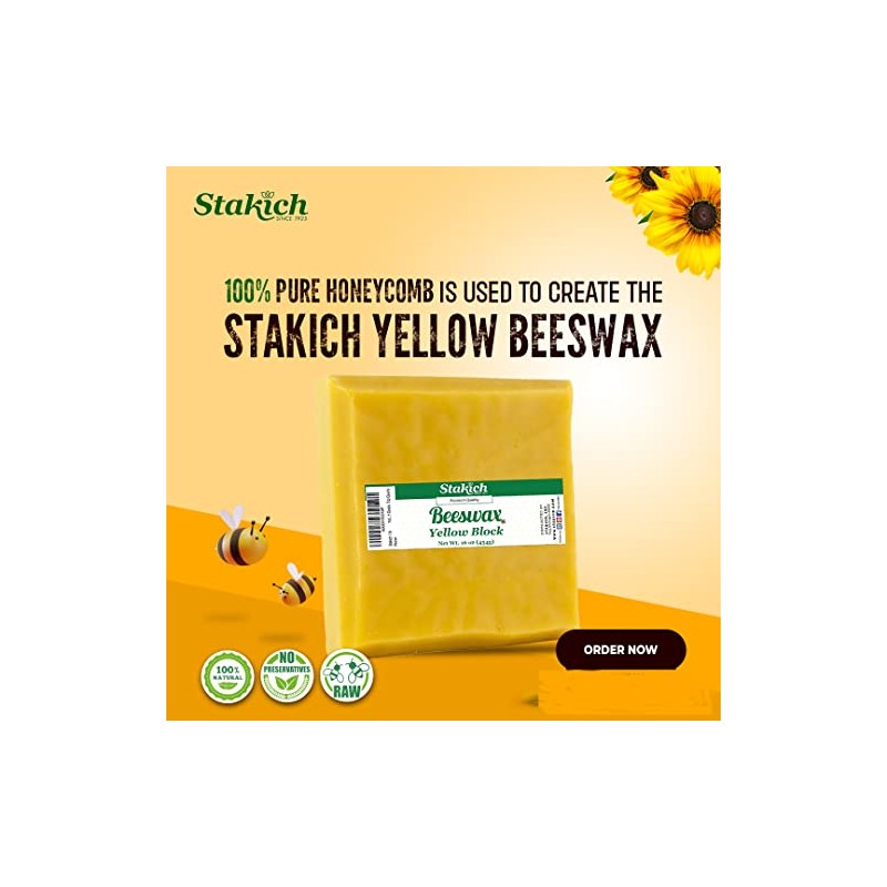 Stakich Yellow Beeswax Block - Natural, Triple Filtered - 1