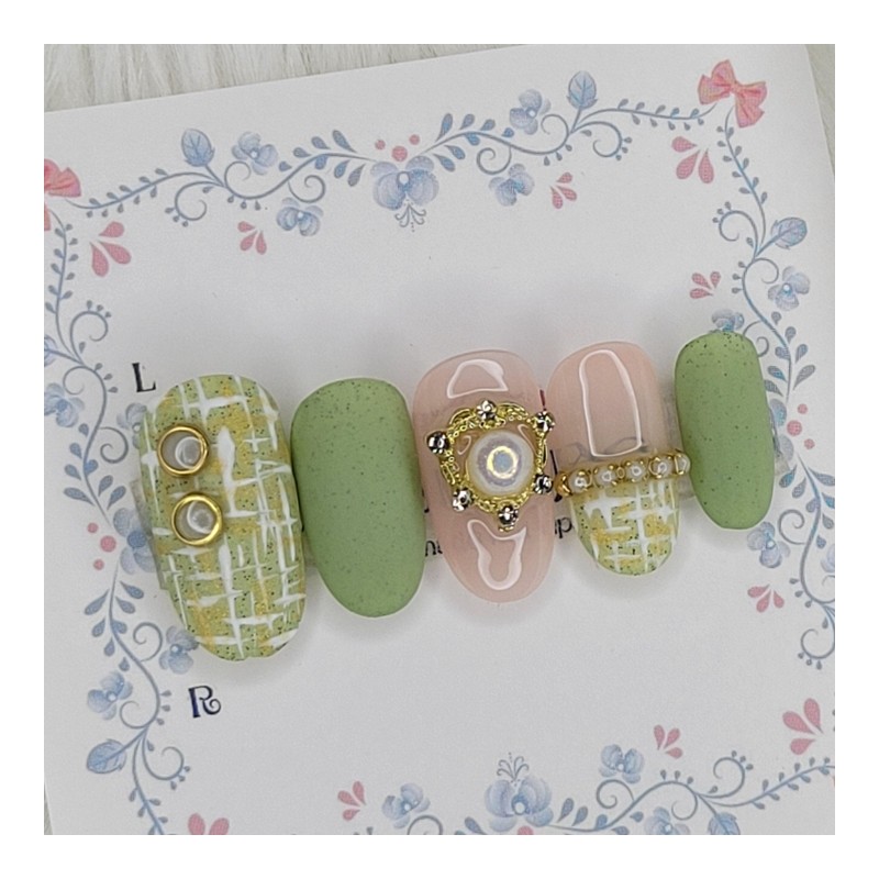 Moss Green Tweed Handmade Nail Tips - Square S /