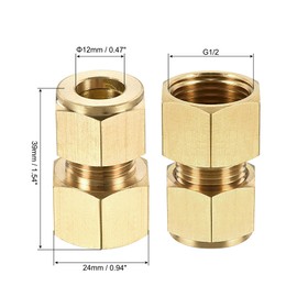sourcing map Compression Tube Fitting G1/2 Female Thread x 12mm Tube OD Straight Coupling Adapter Brass