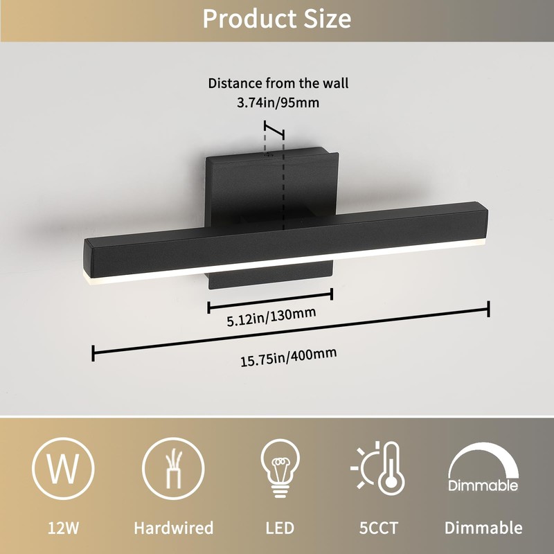 Joossnwell Black Bathroom Vanity Light Fixtures Dimmable 5CCT LED Bathroom
