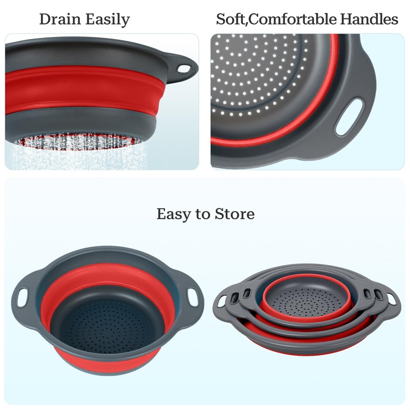 Cluren Collapsible Colander 3-Pack Set Space-Saving Foldable Kitchen Strainer with