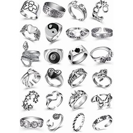 24 Pcs Retro Men Ring Metal Alloy Silver Color Vintage Ring Fashionable Punk Gothic Ring