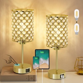 Crystal Table Lamps Set of 2, Gold Touch Lamp for Nightstand with USB C+A Ports, 3 Way Dimmable Small Bedside Lamp with Crystal Shade, End Table Desk Lamps for Bedroom, Living Room(Buld Included)