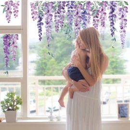 decalmile Window Sticker Flowers Vine Purple Window Decals Hanging Plants Wisteria Anti-Collision Window Film Glass Window Decoration Sticker
