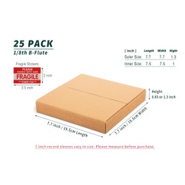 Wisaiboxl 7 Inch 45 RPM Record Mailers (NOT for 12" LPs), 7.5 x 7.5 x 1 Inch Easy-Fold Corrugated Shipping Boxes for Standard 7" Vinyl Singles, with Fragile Stickers, Kraft Brown, 25 Pack