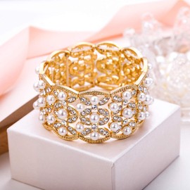 EVER FAITH Wedding Jewerly Crystal White Simulated Pearl Art Deco Leaf Elastic Stretch Bracelet Gold-Tone