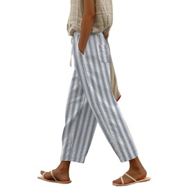 chouyatou Women's Vintage Floral Print High Elastic Waist Wide Leg Capri Beach Palazzo Pants with Pockets (Medium, Striped Blue)