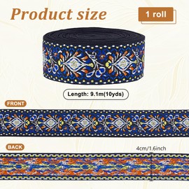 PH PandaHall 10 Yards Boho Jacquard Ribbon, 1.57 Inch Wide Floral Embroidered Fabric Trim Ethnic Style Floral Ribbon for DIY Sewing Handmade Bag Strap Clothing Furniture Decoration, Marine Blue